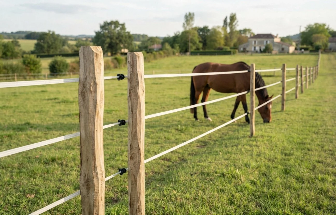 Cheval dans une prairie clôturée avec des piquets en acacia fendus et des rubans électriques
